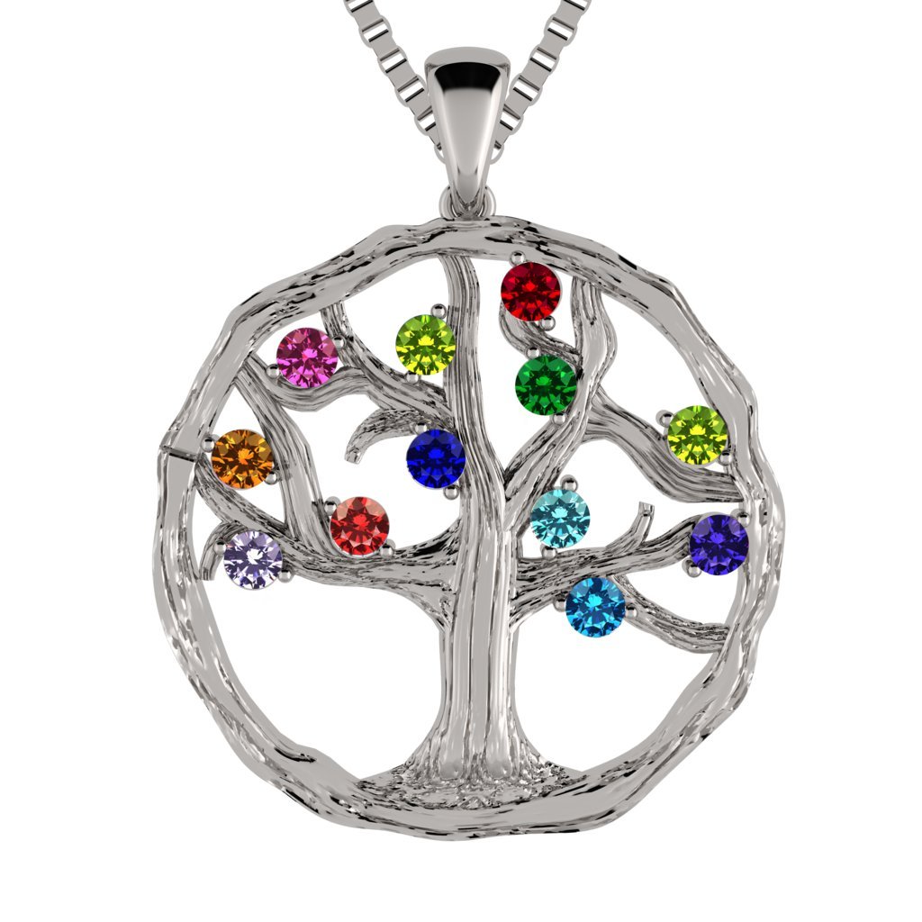 Central Diamond Center Tree of Life Mothers Birthstone Necklace w/ 1-12 Simulated Birthstones- Platinum Plated Silver