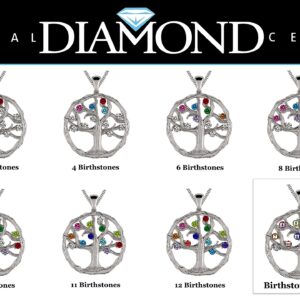 Central Diamond Center Tree of Life Mothers Birthstone Necklace w/ 1-12 Simulated Birthstones- Platinum Plated Silver