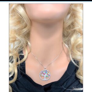 Central Diamond Center Tree of Life Mothers Birthstone Necklace w/ 1-12 Simulated Birthstones- Platinum Plated Silver