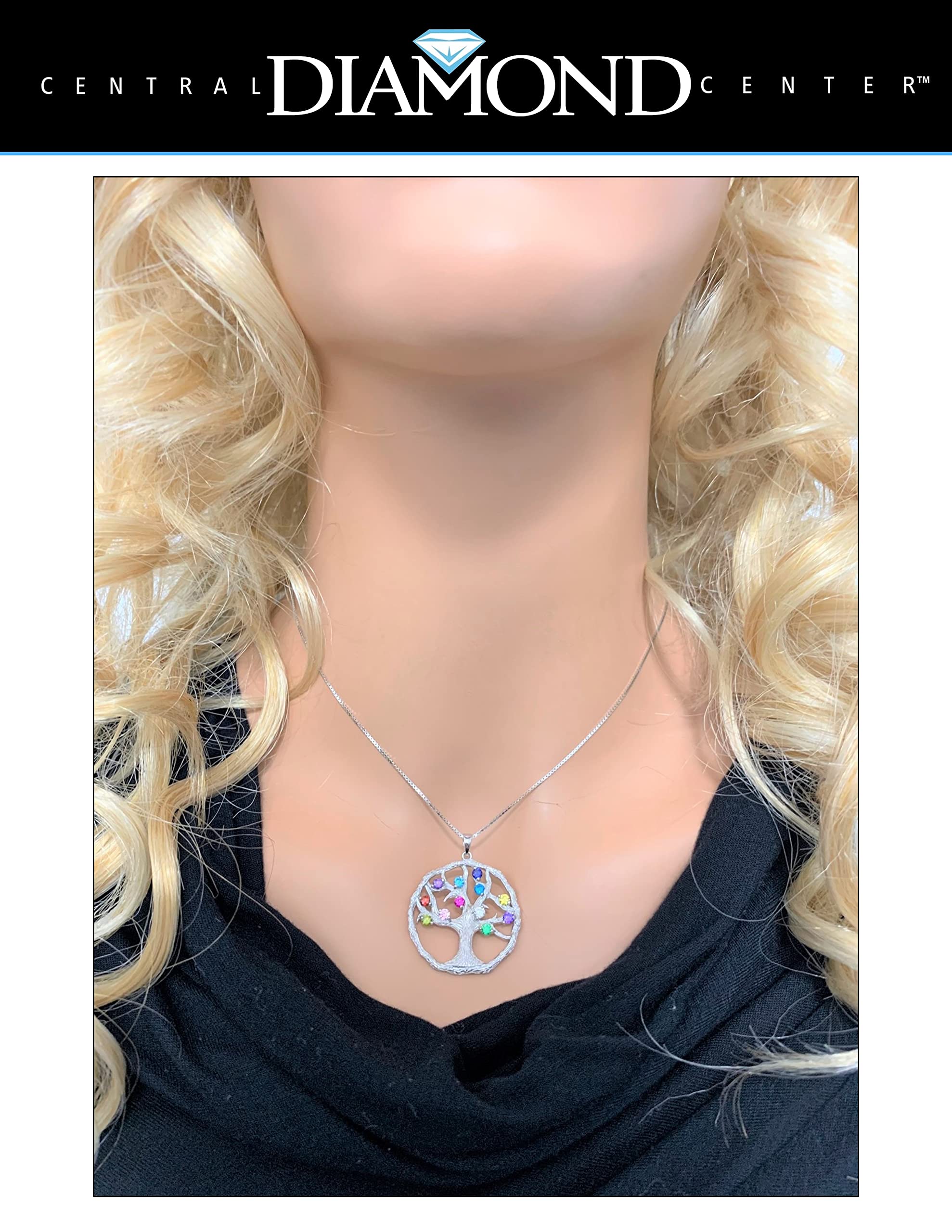 Central Diamond Center Tree of Life Mothers Birthstone Necklace w/ 1-12 Simulated Birthstones- Platinum Plated Silver