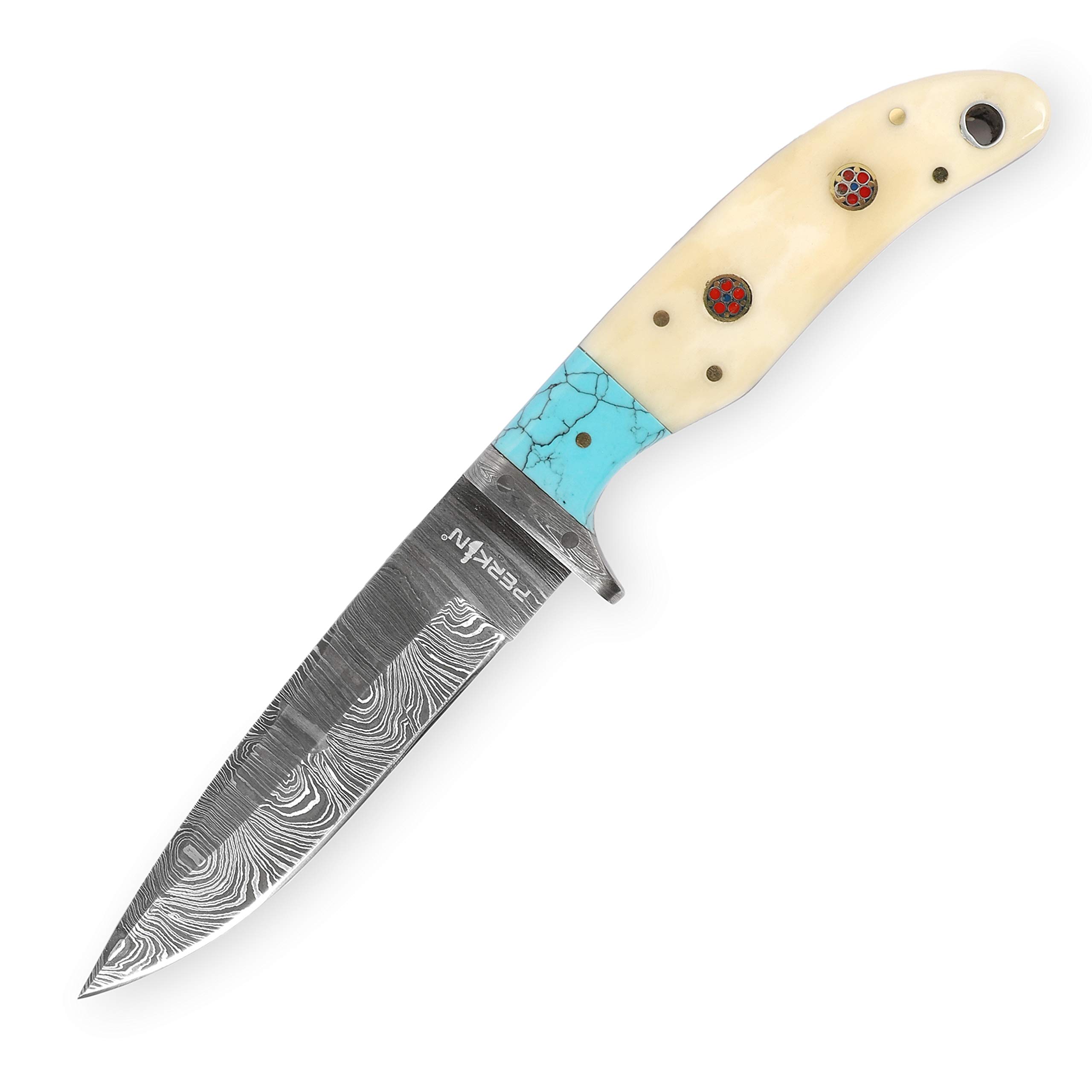 Perkin Handmade Damascus Steel Hunting Knife - Bone and Turquoise Handle -9 inches long