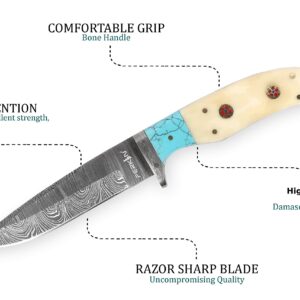 Perkin Handmade Damascus Steel Hunting Knife - Bone and Turquoise Handle -9 inches long