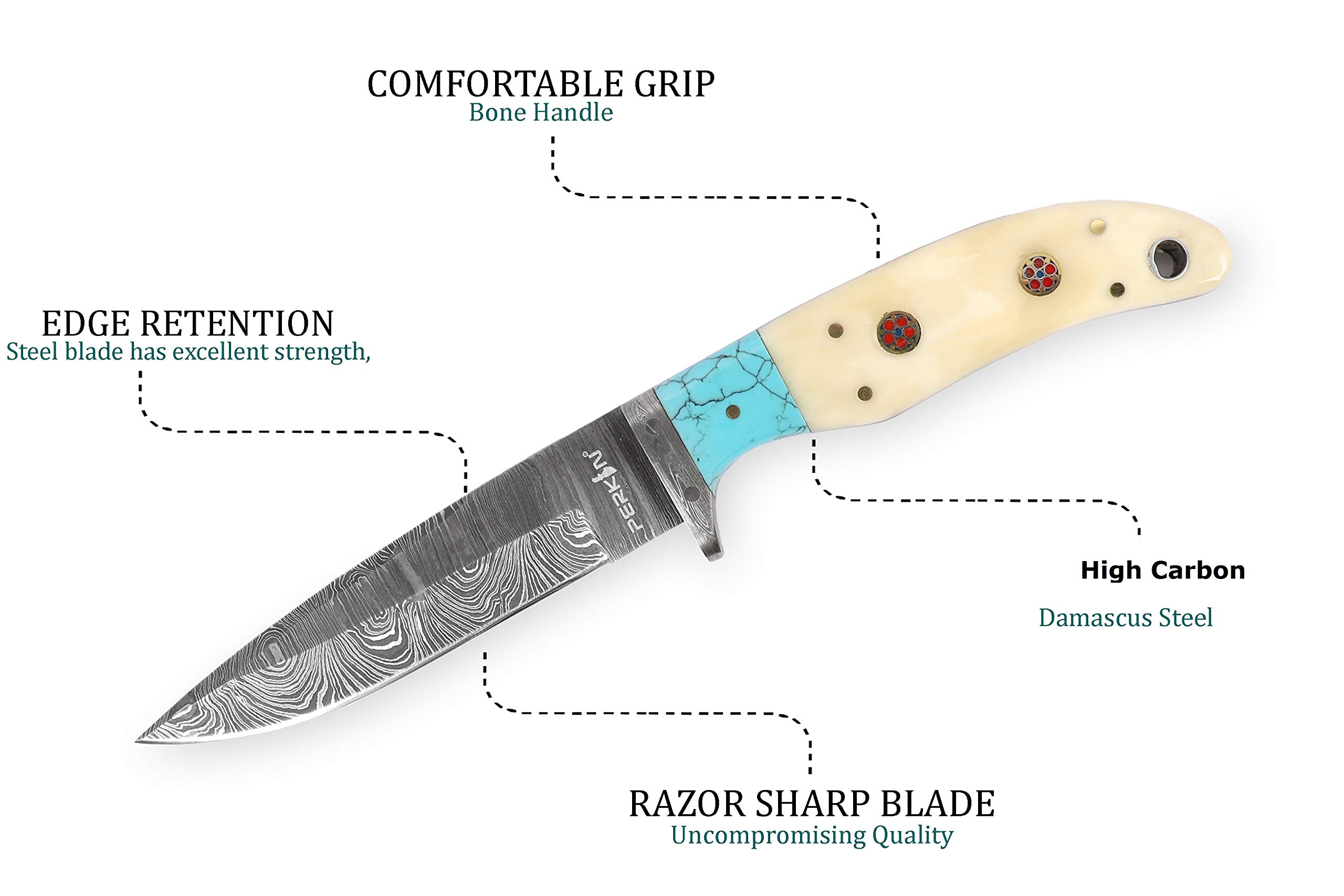 Perkin Handmade Damascus Steel Hunting Knife - Bone and Turquoise Handle -9 inches long