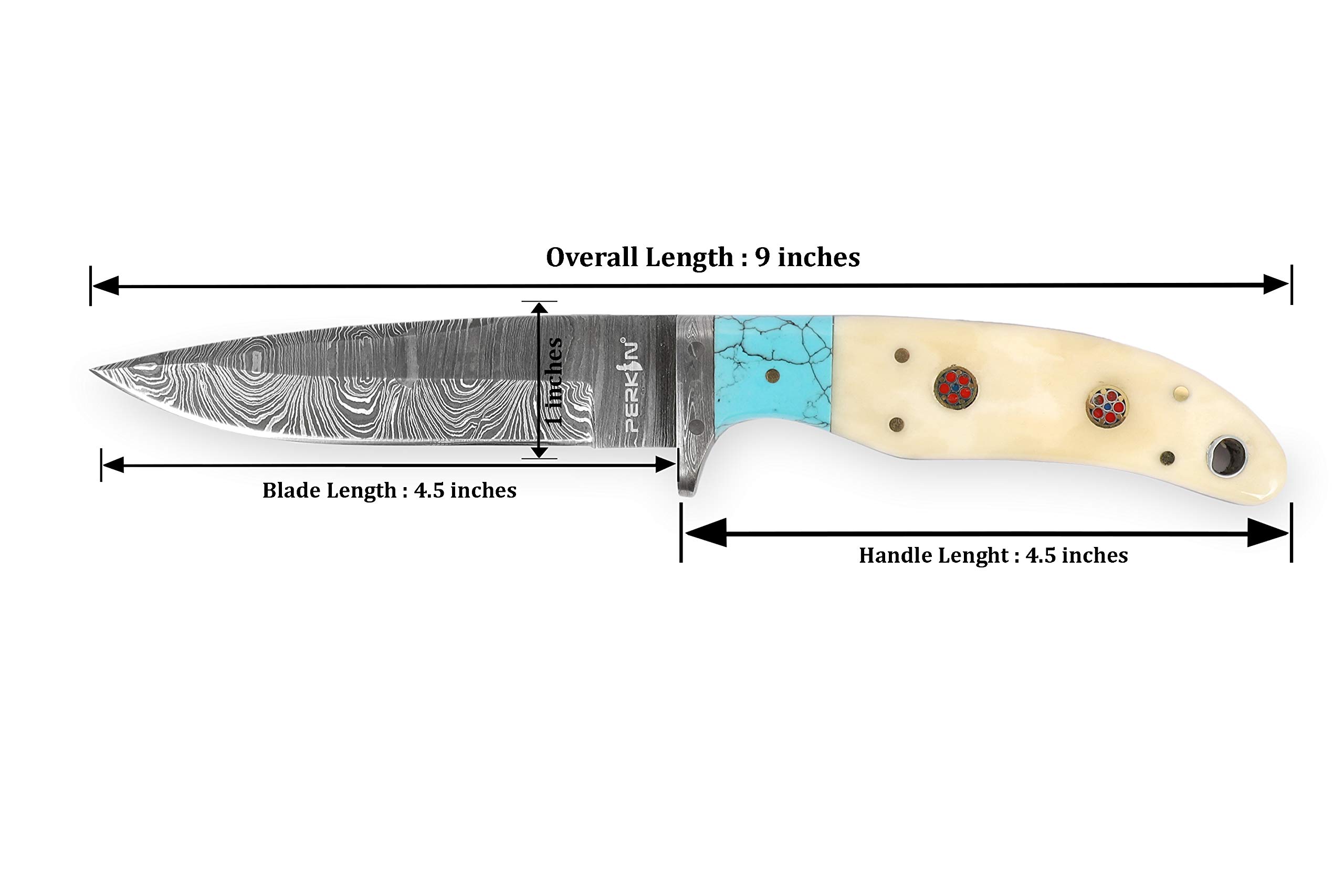 Perkin Handmade Damascus Steel Hunting Knife - Bone and Turquoise Handle -9 inches long