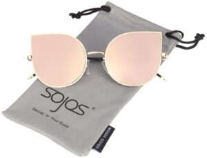 sojos cat eye mirrored flat lenses ultra thin light metal frame women sunglasses sj1022 with gold frame/pink mirrored lens