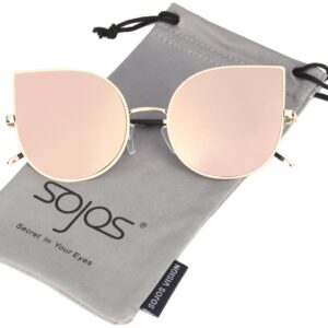 SOJOS Cat Eye Mirrored Flat Lenses Ultra Thin Light Metal Frame Women Sunglasses SJ1022 with Gold Frame/Pink Mirrored Lens