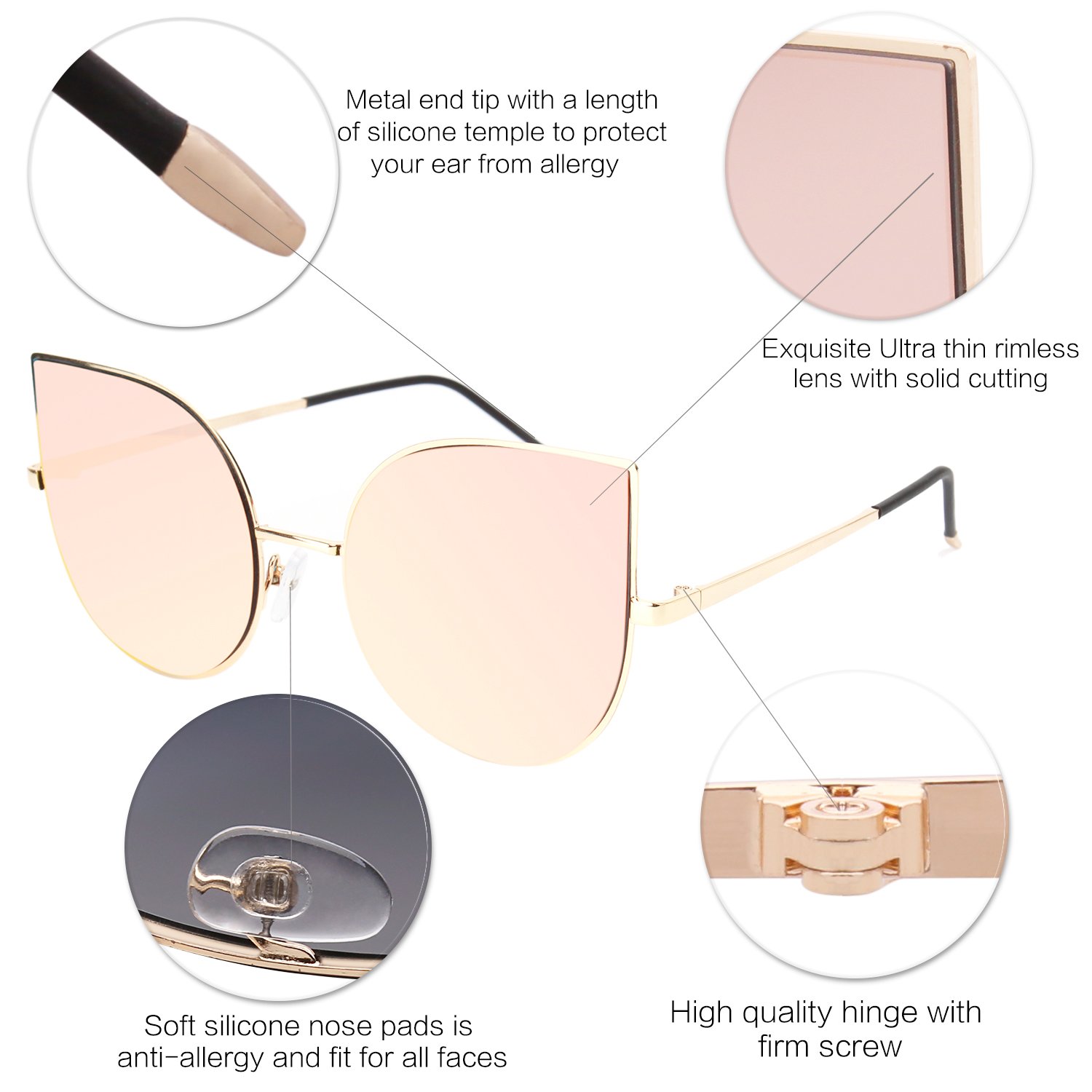 SOJOS Cat Eye Mirrored Flat Lenses Ultra Thin Light Metal Frame Women Sunglasses SJ1022 with Gold Frame/Pink Mirrored Lens