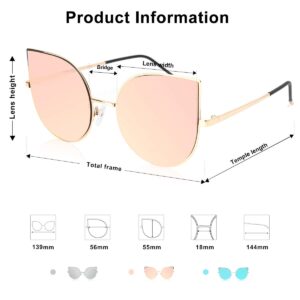 SOJOS Cat Eye Mirrored Flat Lenses Ultra Thin Light Metal Frame Women Sunglasses SJ1022 with Gold Frame/Pink Mirrored Lens