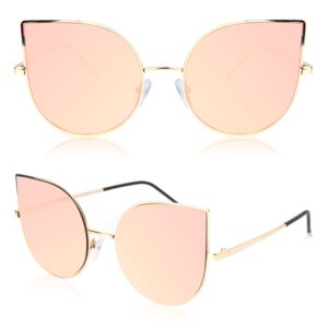 SOJOS Cat Eye Mirrored Flat Lenses Ultra Thin Light Metal Frame Women Sunglasses SJ1022 with Gold Frame/Pink Mirrored Lens