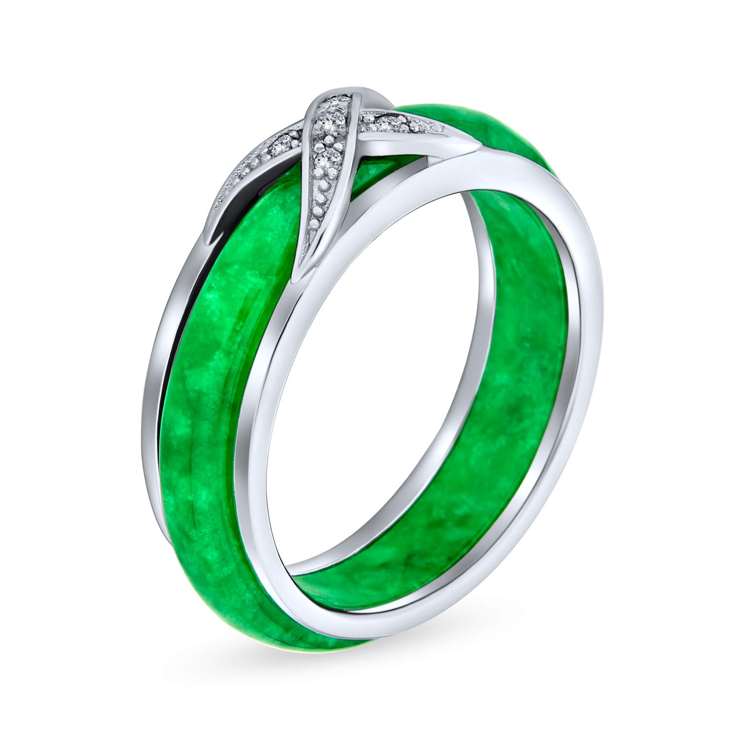 Bling Jewelry 925 Sterling Silver Jade Cubic Zirconia Crossover Motif Band,Green,6