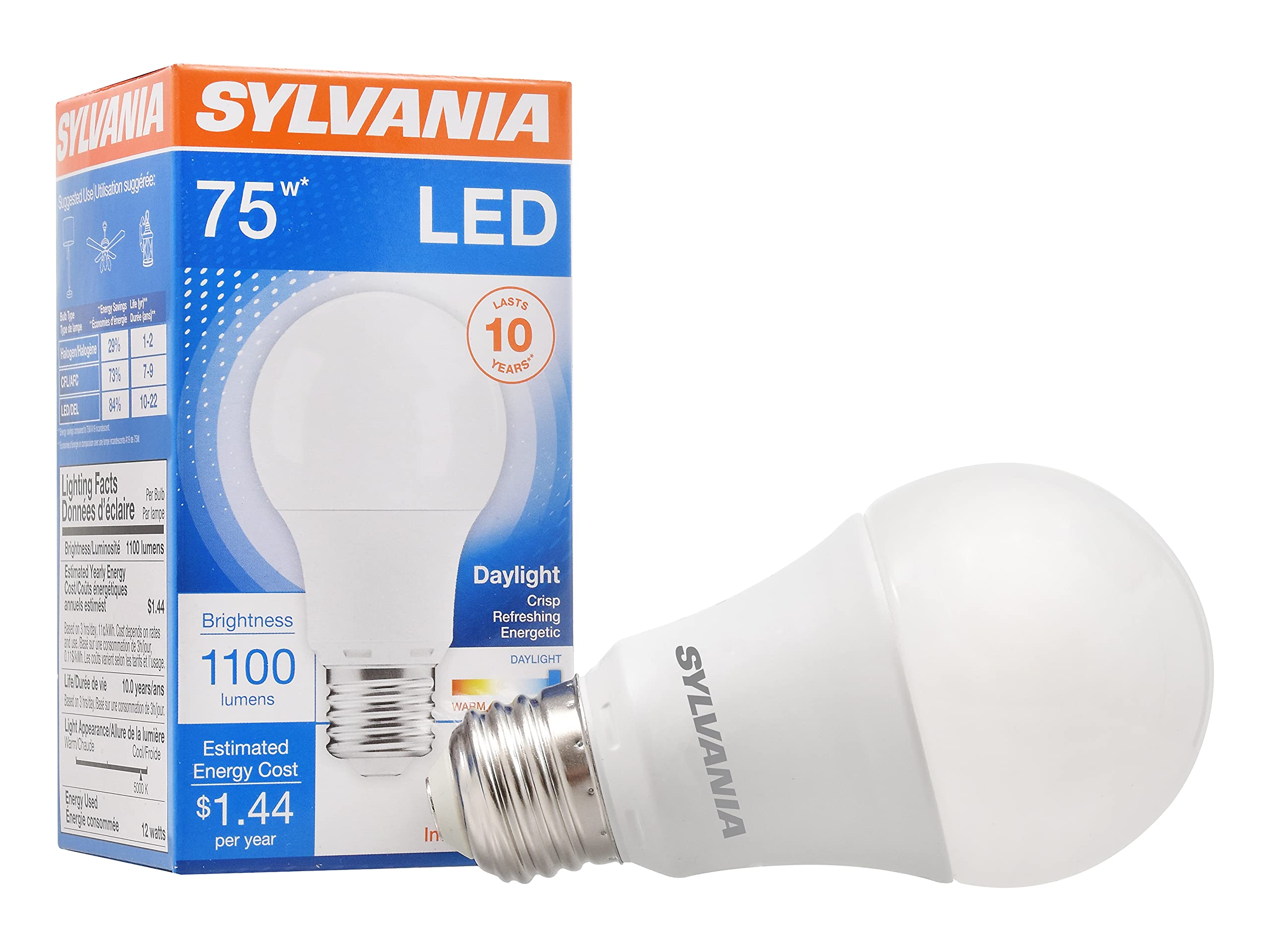 SYLVANIA LED Light Bulb, 75W Equivalent A19, Efficient 12W, Medium Base, Frosted Finish, 1100 Lumens, Daylight - 1 Pack (79293)