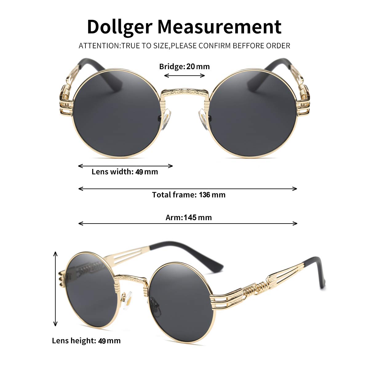 Dollger Round Sunglasses Black Steampunk Glasses Gold Metal Frame Mirror Lens Sunglasses