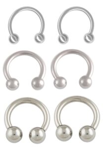 playful piercings 6 pc lot stretching kit horseshoe surgical steel ring lip, belly, nipple, earring hoop - 12g 10g 8g