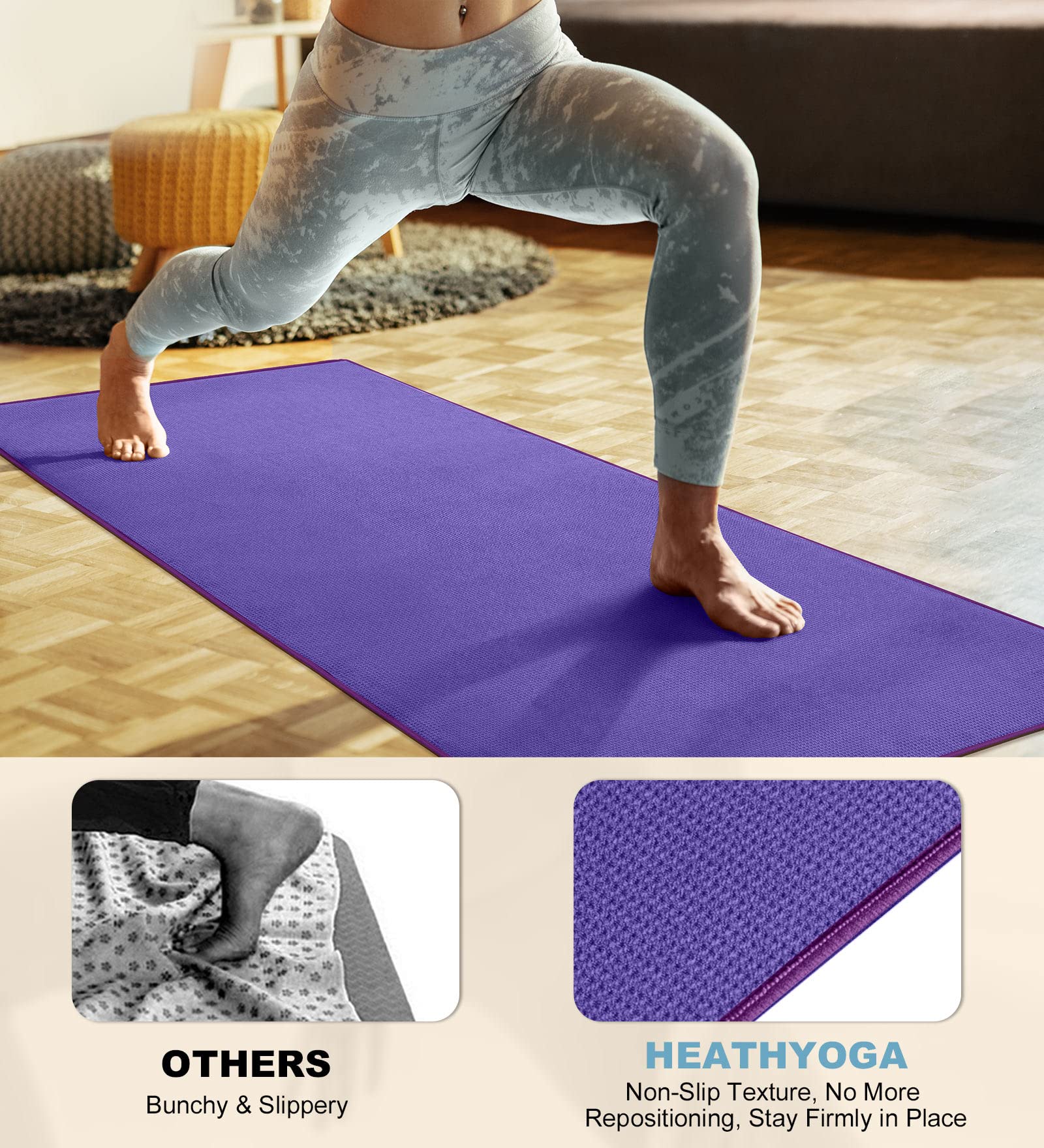 Heathyoga Hot Yoga Towel Non Slip, Microfiber Non Slip Yoga Mat Towel, Exclusive Corner Pockets Design, Dual-Grip, Sweat Absorbent, Perfect for Hot Yoga, Bikram, Pilates and Yoga Mats