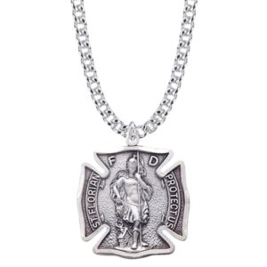 truefaithjewelry 1-1/8 inch sterling silver st. florian shield medal pendant necklace, patron saint of firefighters, religious catholic jewelry for men