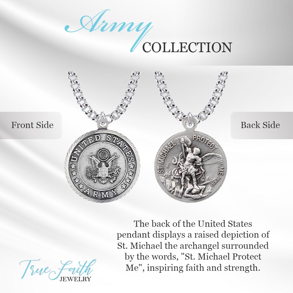 TrueFaithJewelry Sterling Silver United States Army Service Medal with St Michael Patron Saint Archangel Pendant Necklace, 3/4 Inch