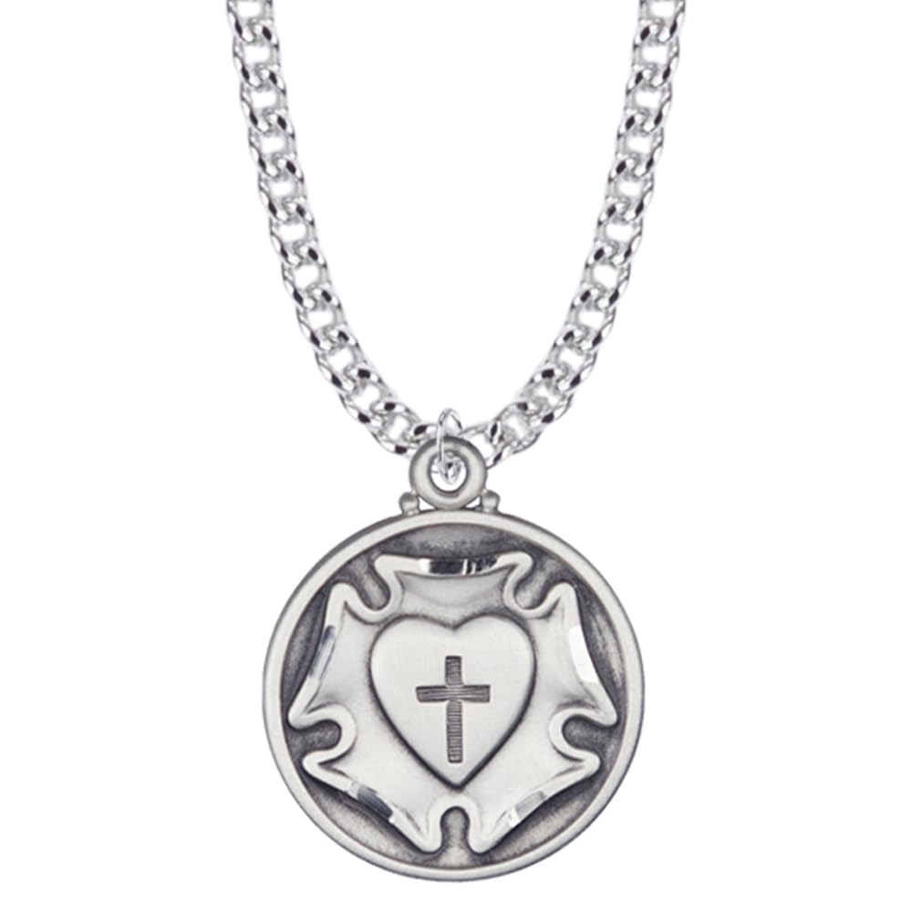 TrueFaithJewelry Sterling Silver Luther's Rose Lutheran Cross Medal Pendant Necklace, 3/4 Inch