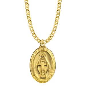 TrueFaithJewelry 14KT Gold-Plated Sterling Silver Our Lady Of Grace Miraculous Medal Necklace Pendant Religious Jewelry, 1 1/8 Inch