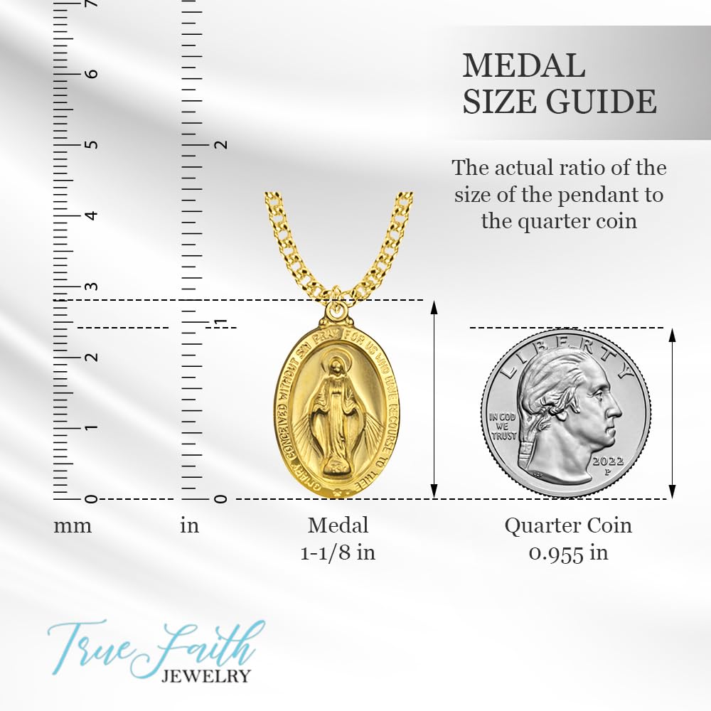 TrueFaithJewelry 14KT Gold-Plated Sterling Silver Our Lady Of Grace Miraculous Medal Necklace Pendant Religious Jewelry, 1 1/8 Inch