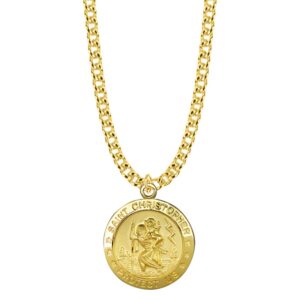 TrueFaithJewelry 14K Gold-Plated Sterling Silver Saint Christopher Medal Patron Saint Pendant Necklace Religious Jewelry, 3/4 Inch