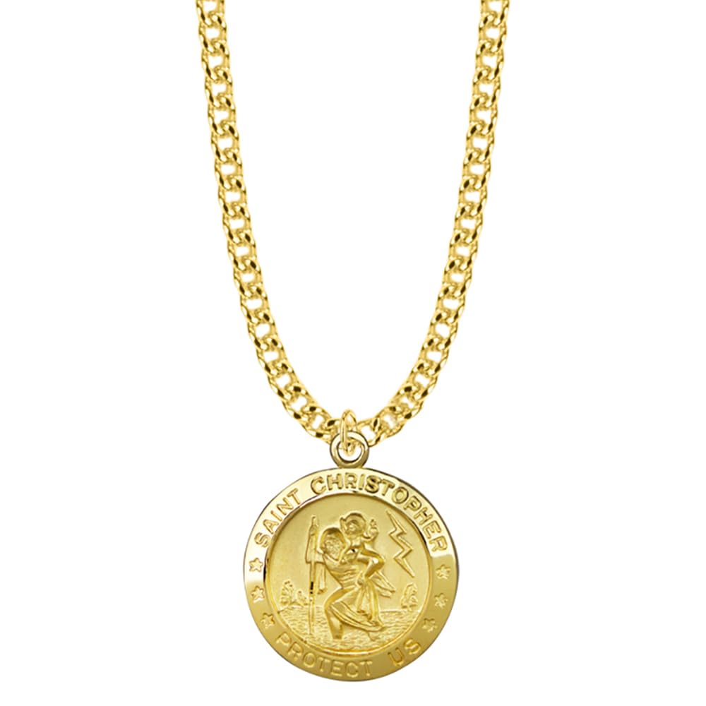 TrueFaithJewelry 14K Gold-Plated Sterling Silver Saint Christopher Medal Patron Saint Pendant Necklace Religious Jewelry, 3/4 Inch