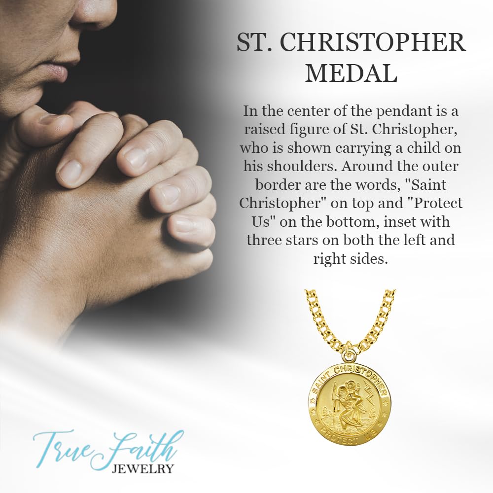 TrueFaithJewelry 14K Gold-Plated Sterling Silver Saint Christopher Medal Patron Saint Pendant Necklace Religious Jewelry, 3/4 Inch