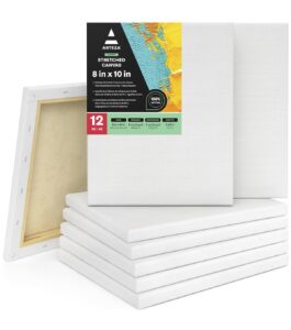 arteza stretched canvas, 8 x 10 inches, pack of 12, blank white canvas for painting for acrylic, oil and gouache paints