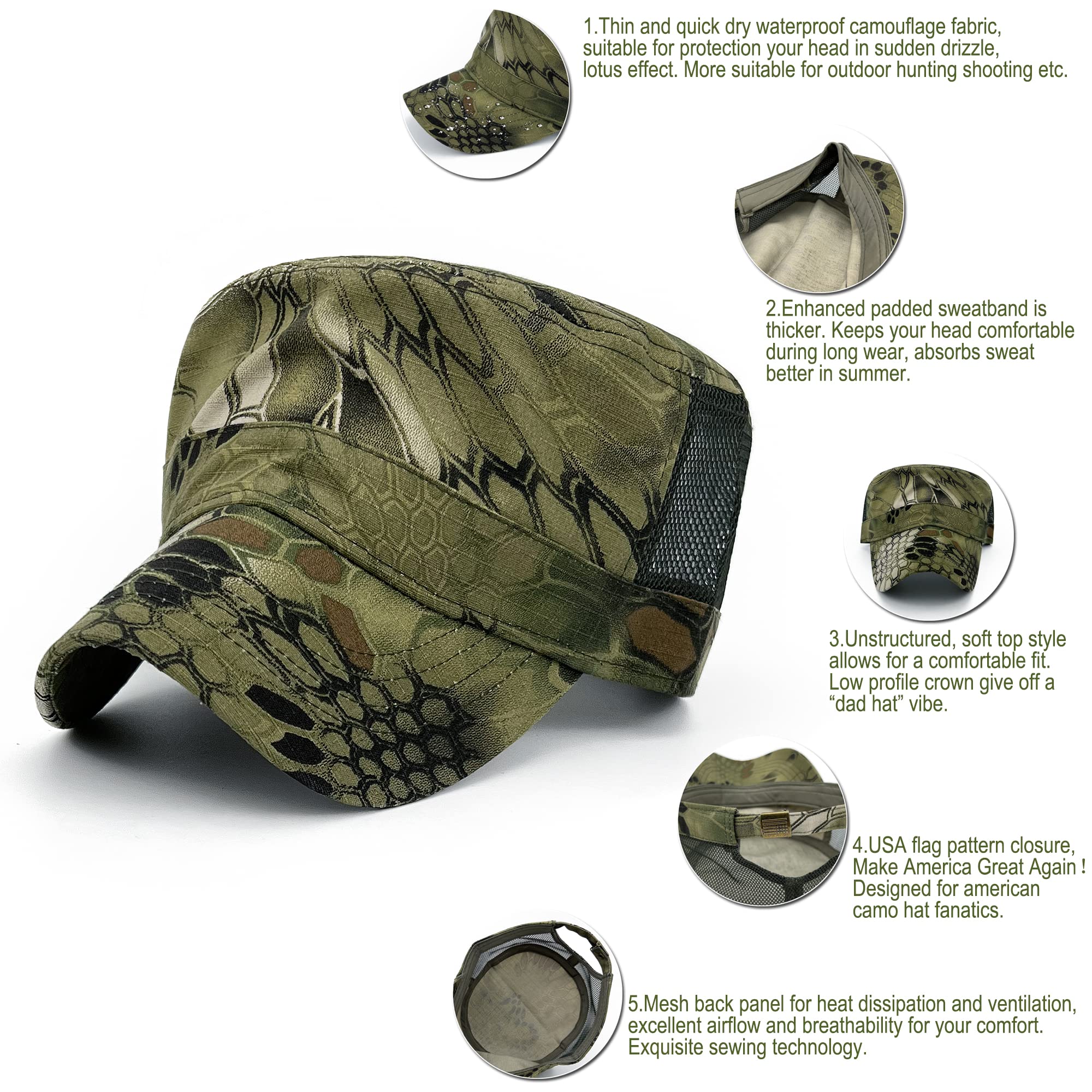 Rayna Fashion Mesh Snake Camouflage Camo Cadet Army Cap Adjustable USA American Flag Military Hat Flat Top Baseball Sun Cap Mandrake