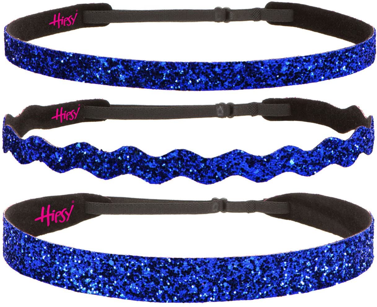 Hipsy Women's Adjustable Non Slip Skinny Wave & Wide Bling Glitter Headband Mixed 3-pack (Mixed Royal Blue)