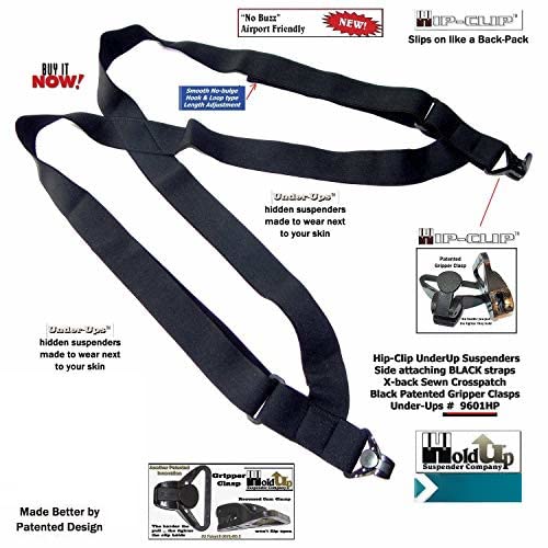 Holdup Black 1 1/2" Hip-Clip Style Under-Ups Suspenders for Men with the Patented Composite plastic Gripper Clasps