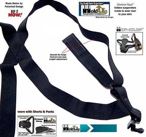 Holdup Black 1 1/2" Hip-Clip Style Under-Ups Suspenders for Men with the Patented Composite plastic Gripper Clasps