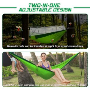 Rusee Camping Hammock with Net Outdoor Hammock Travel Bed Lightweight Parachute Fabric Double Hammock for Tree, Camping, Hiking, Backpacking, Backyard (Green + Dark Green)