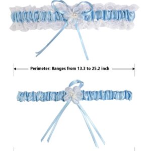 RIMOBUL 2 Pieces Wedding Garters Lace Bridal Garter Faux Pearls Garter for Bride with Toss Away（Light Blue）