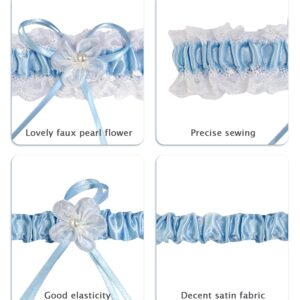 RIMOBUL 2 Pieces Wedding Garters Lace Bridal Garter Faux Pearls Garter for Bride with Toss Away（Light Blue）