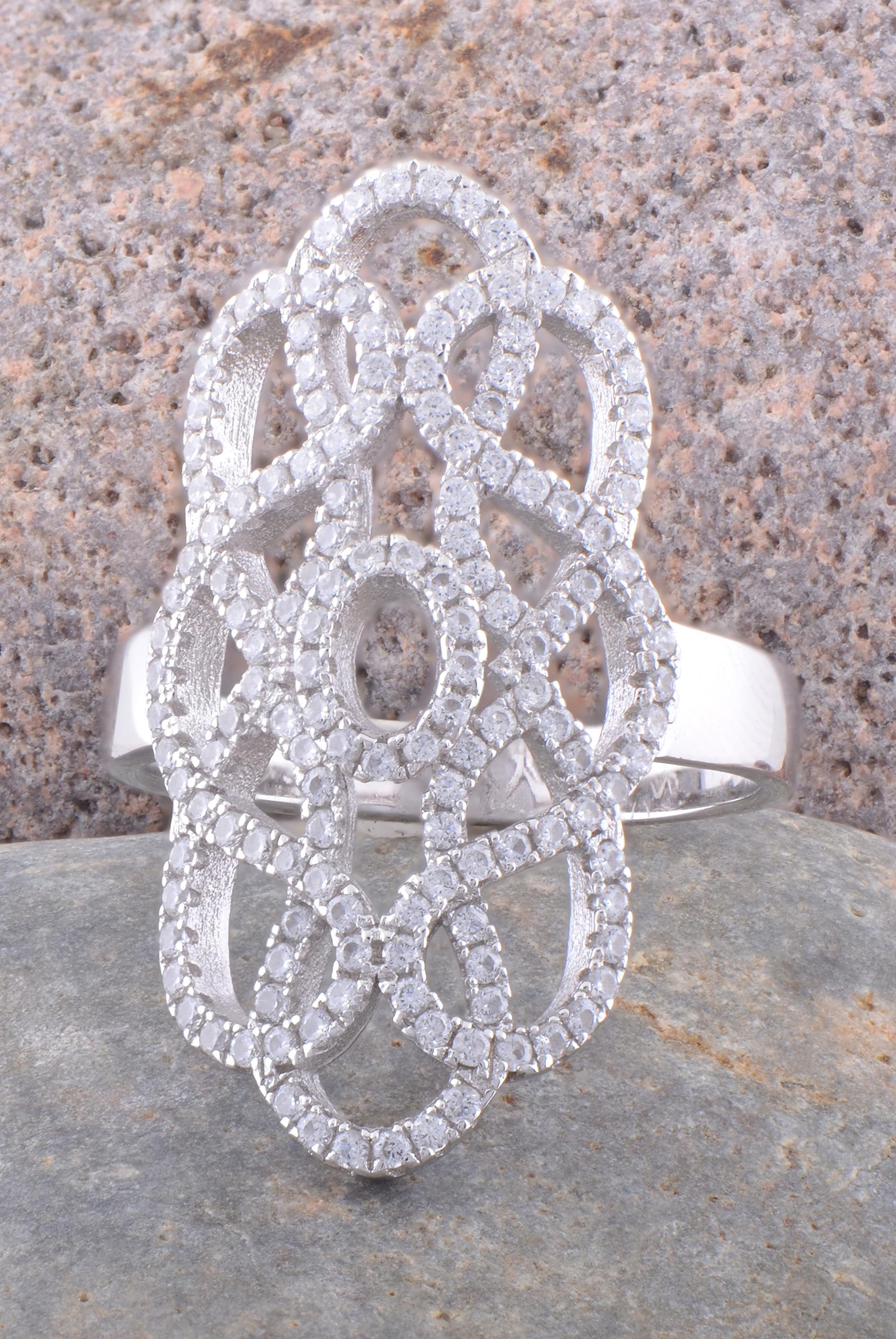 SILVERCLOSEOUT Rhodium Plated Sterling Silver Womens Cz Cubic Zirconia Filigree Armour Statement Ring - Size 10