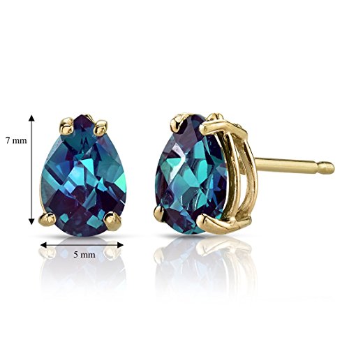 Peora Created Alexandrite Earrings for Women in 14 Karat Yellow Gold, Classic Solitaire Studs, 7x5mm Pear Shape, 1.75 Carats total, Friction Back