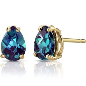 Peora Created Alexandrite Earrings for Women in 14 Karat Yellow Gold, Classic Solitaire Studs, 7x5mm Pear Shape, 1.75 Carats total, Friction Back