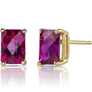 Peora Created Ruby Earrings for Women in 14 Karat Yellow Gold, Classic Solitaire Studs, 7x5mm Radiant Cut, 2.50 Carats total, Friction Back