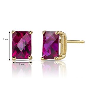 Peora Created Ruby Earrings for Women in 14 Karat Yellow Gold, Classic Solitaire Studs, 7x5mm Radiant Cut, 2.50 Carats total, Friction Back