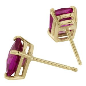 Peora Created Ruby Earrings for Women in 14 Karat Yellow Gold, Classic Solitaire Studs, 7x5mm Radiant Cut, 2.50 Carats total, Friction Back