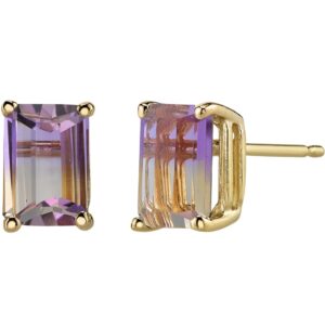 Peora Solid 14K Yellow Gold Genuine Ametrine Earrings for Women, 2 Carats, Emerald Cut 7x5mm, AAA Grade, Friction Backs