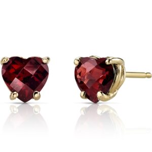 peora solid 14k yellow gold garnet heart stud earrings for women, genuine gemstone birthstone solitaire studs, hypoallergenic heart shape 6mm, 1.75 carats total, friction back