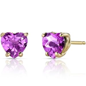 peora 14k yellow gold created pink sapphire heart stud earrings for women, hypoallergenic solitaire studs, 6mm, 2.25 carats total, friction back