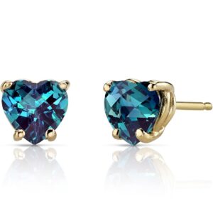 peora 14k yellow gold created alexandrite heart stud earrings for women, color-changing solitaire studs, 6mm, 2 carats total, friction back