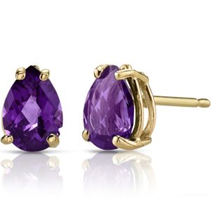 peora 14k yellow gold amethyst earrings for women, genuine gemstone birthstone solitaire studs, 7x5mm pear shape, 1 carat total, friction back