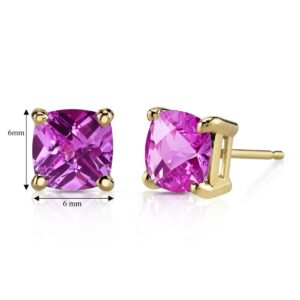 Peora Solid 14K Yellow Gold Created Pink Sapphire Stud Earrings for Women, Classic Solitaire, Hypoallergenic Cushion Cut 6mm, 2.50 Carats total, Friction Back