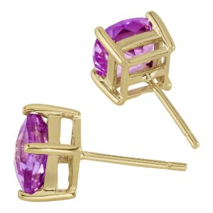 Peora Solid 14K Yellow Gold Created Pink Sapphire Stud Earrings for Women, Classic Solitaire, Hypoallergenic Cushion Cut 6mm, 2.50 Carats total, Friction Back