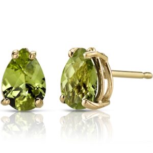 peora solid 14k yellow gold peridot earrings for women, genuine gemstone birthstone solitaire studs, 7x5mm pear shape, 1.50 carats total, friction back - august birthstone gift, real peridot jewelry