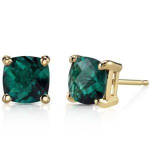 peora solid 14k yellow gold created emerald stud earrings for women, classic solitaire, cushion cut 6mm, 1.75 carats total, friction back