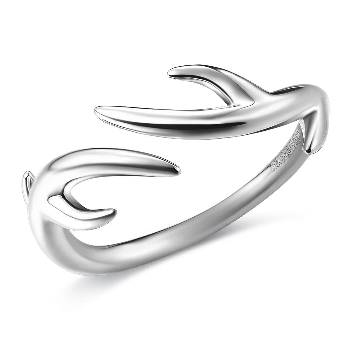 JEWME S925 Sterling Silver Deer Reindeer Antler Ring Adjustable Women Gift Lover Jewelry(7-8)